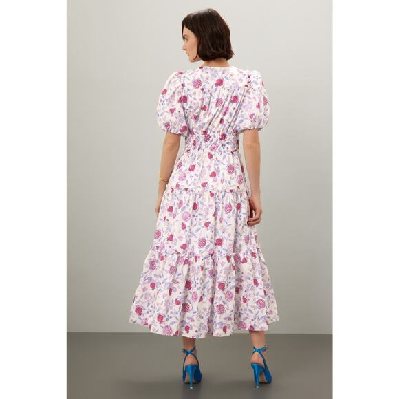 DEREK LAM COLLECTIVE White Purple Pink Floral Smocked Puff Sleeve Dress Size 48 - Picture 3 of 12